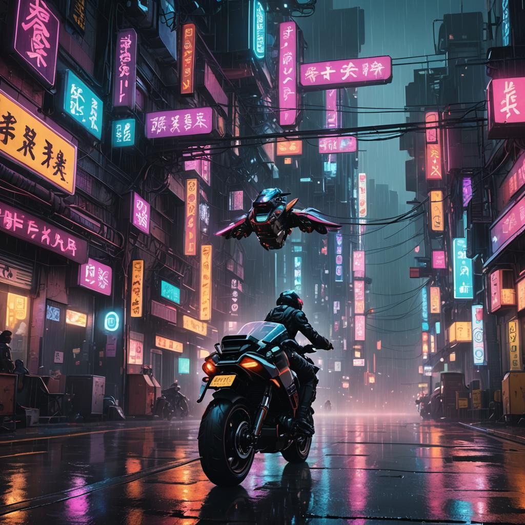 Cyberpunk Cityscape with Flying Motorcycle