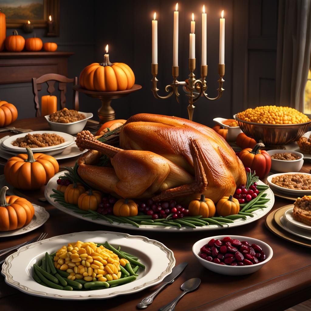 A Thanksgiving feast with a table set with a stuffed turkey ...