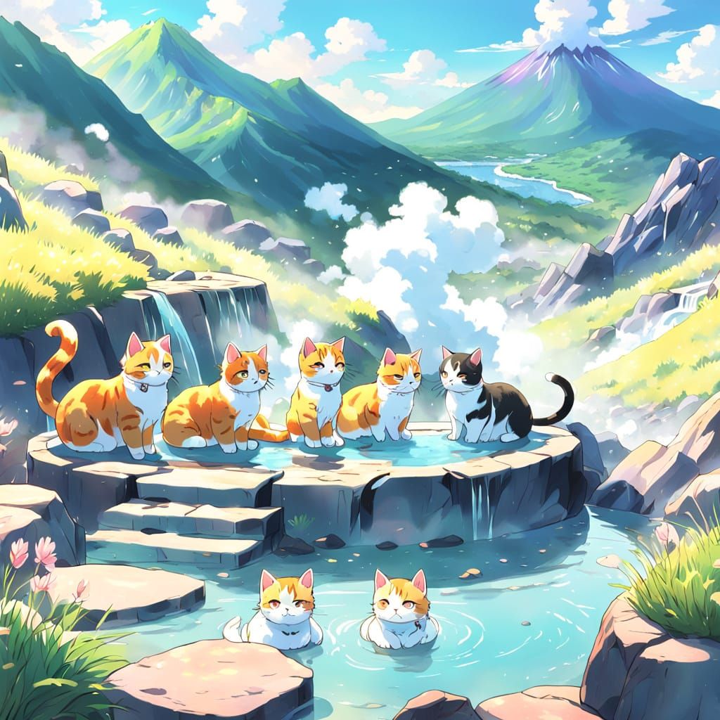 Cats in Serene Japanese Landscape