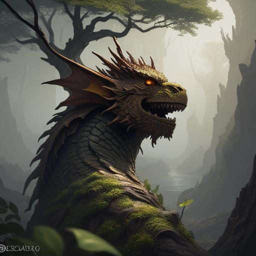 Wooden Earth Dragon in Fantasy Matte Painting Style