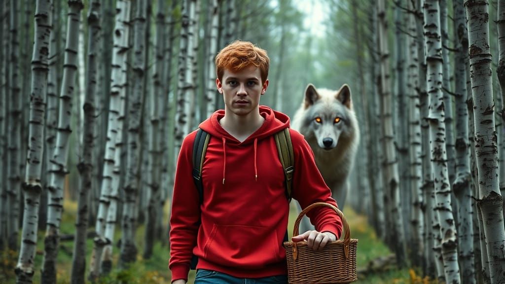 Red-Haired Man in Aspen Forest with Werewolf