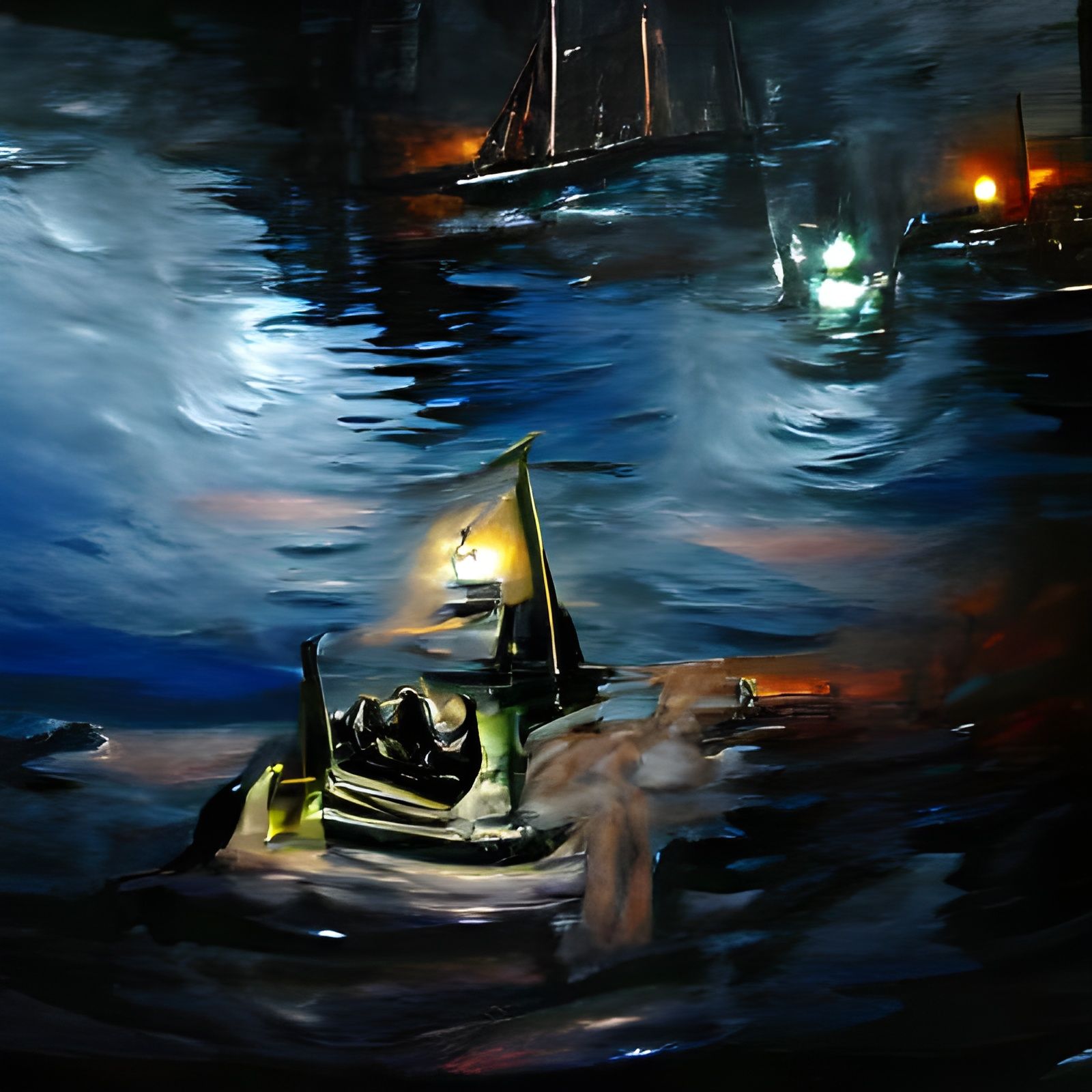 Night Harbor Boat Ride as Oil Painting