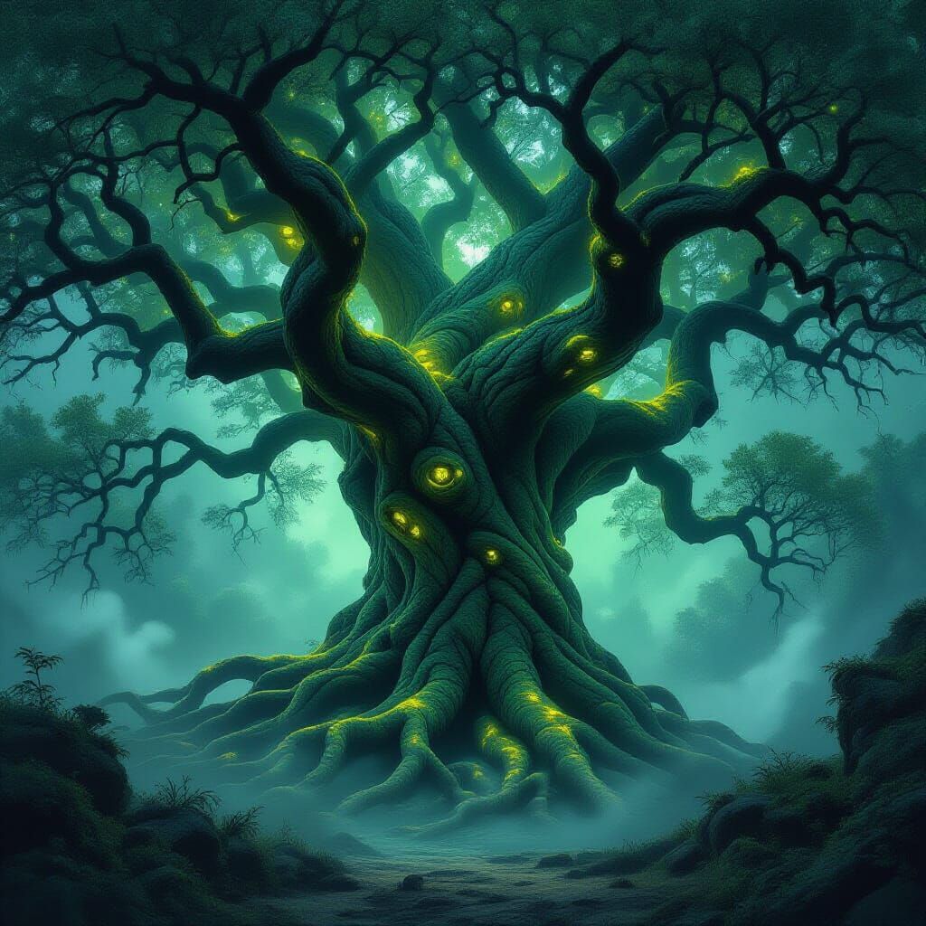 Ancient Tree With Stone Bark and Glowing Moss