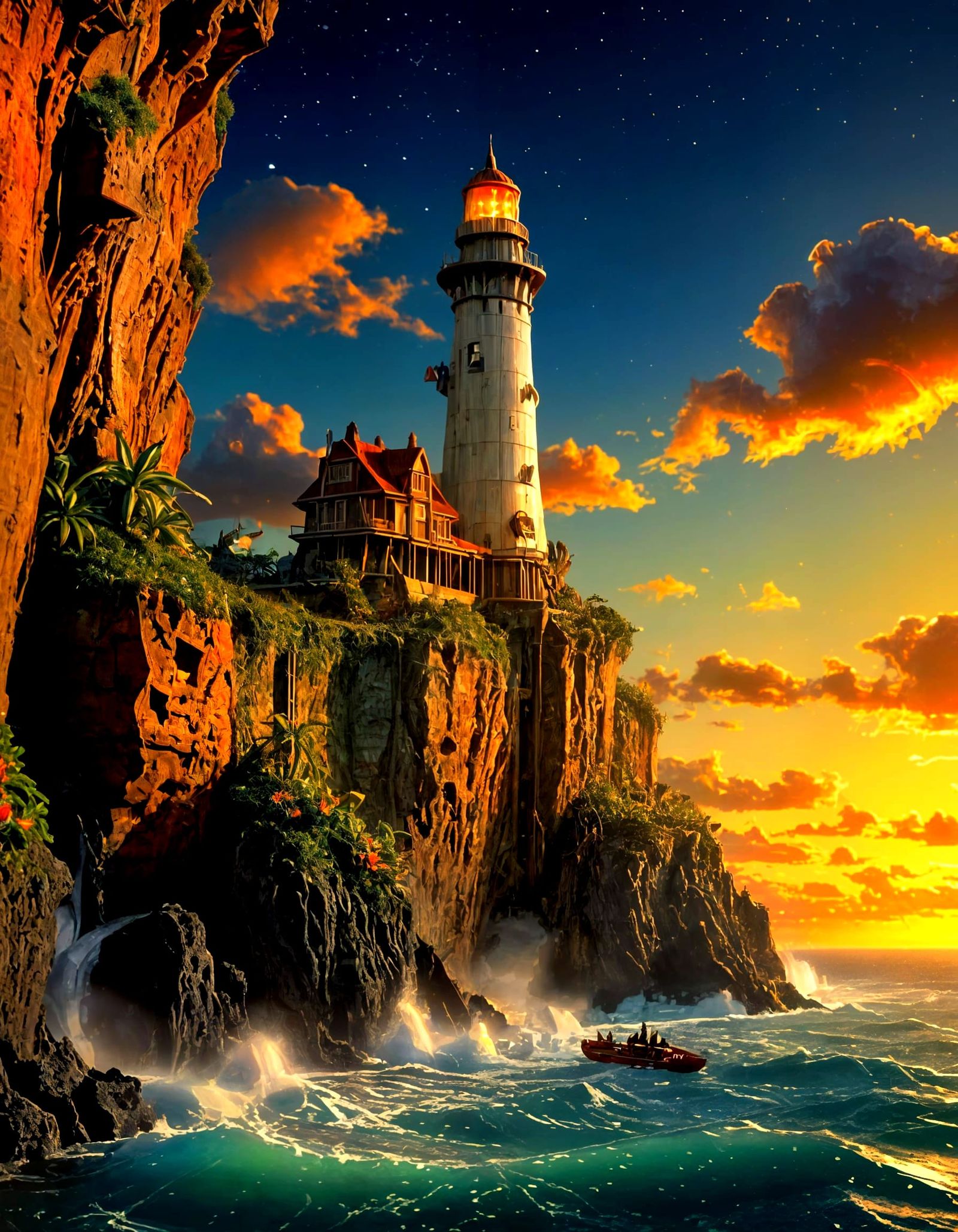 Lighthouse with Hibiscus Flowers, Art Nouveau Style