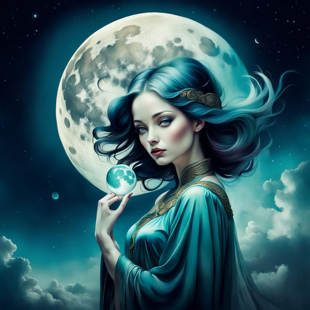 Woman Holds Moon in Surreal Digital Art