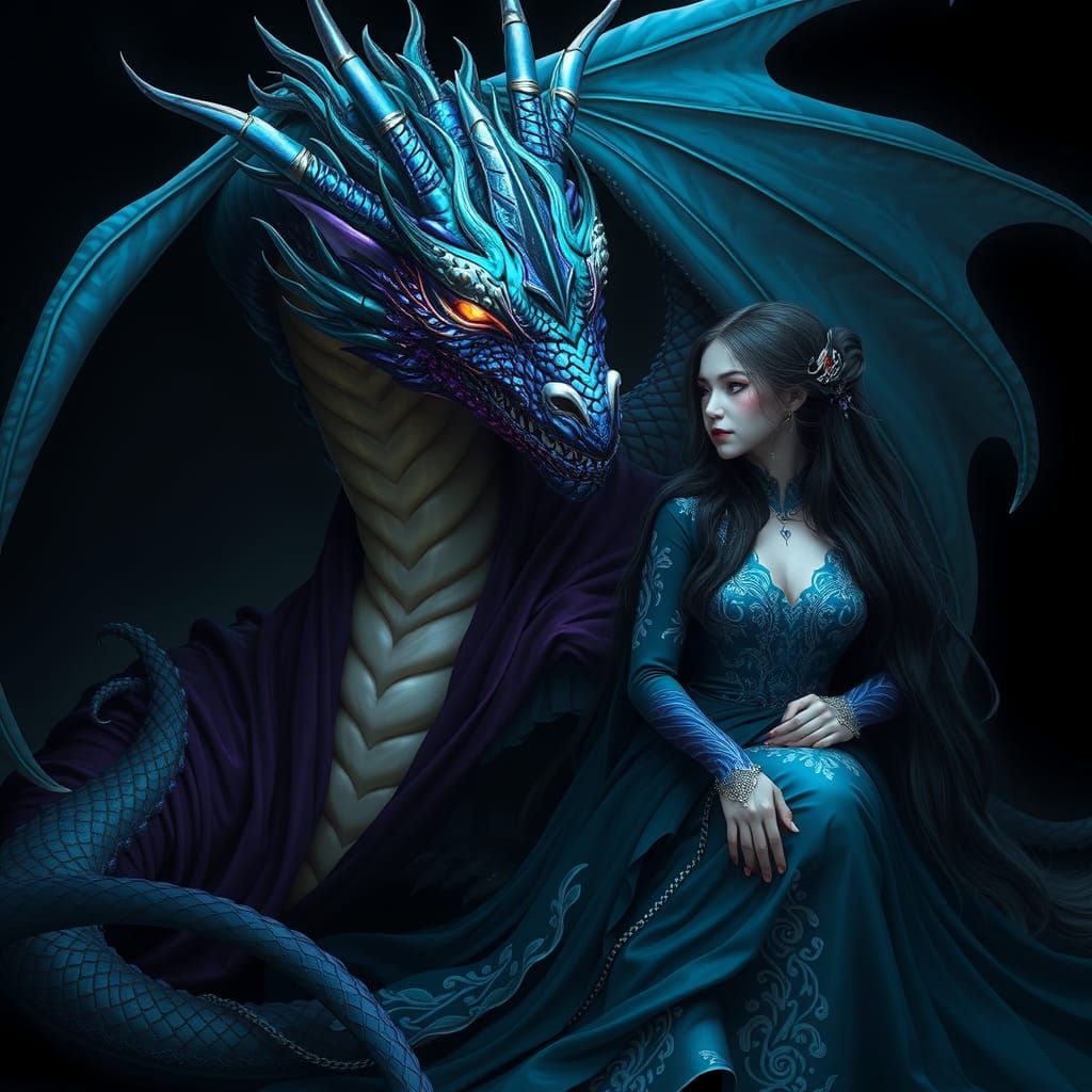 Glowing Dragon and Woman in Dark Velvet Gown