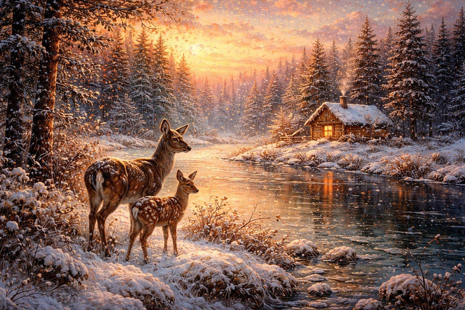 Detailed Oil Painting of Deer in Snowy Winter Landscape at D...