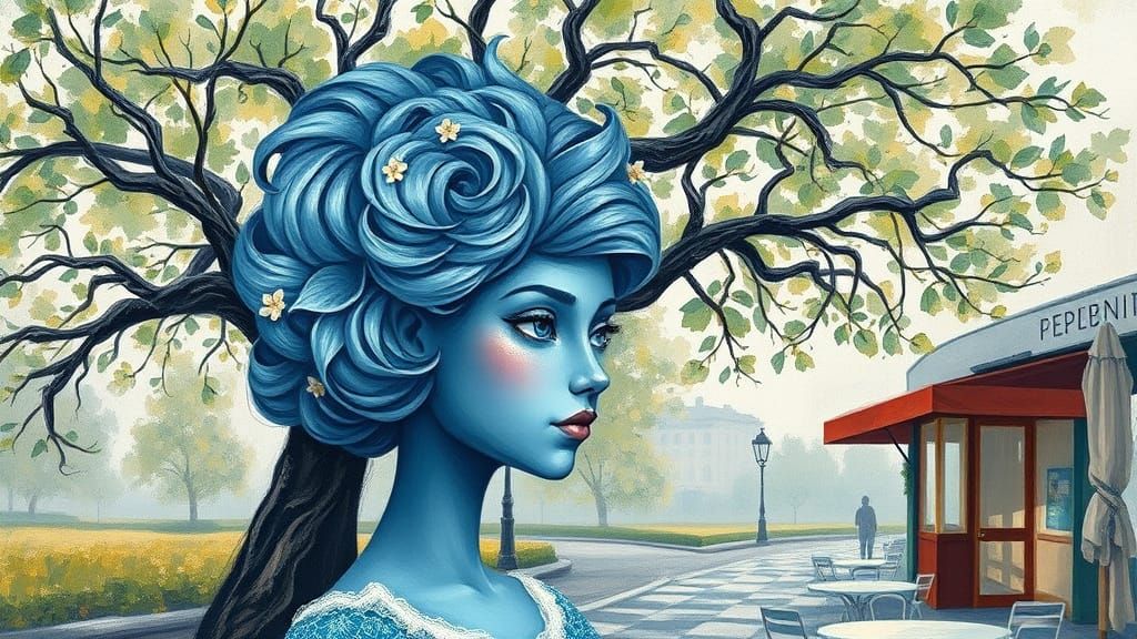 Whimsical Blue Princess in Vibrant Impressionist Landscape