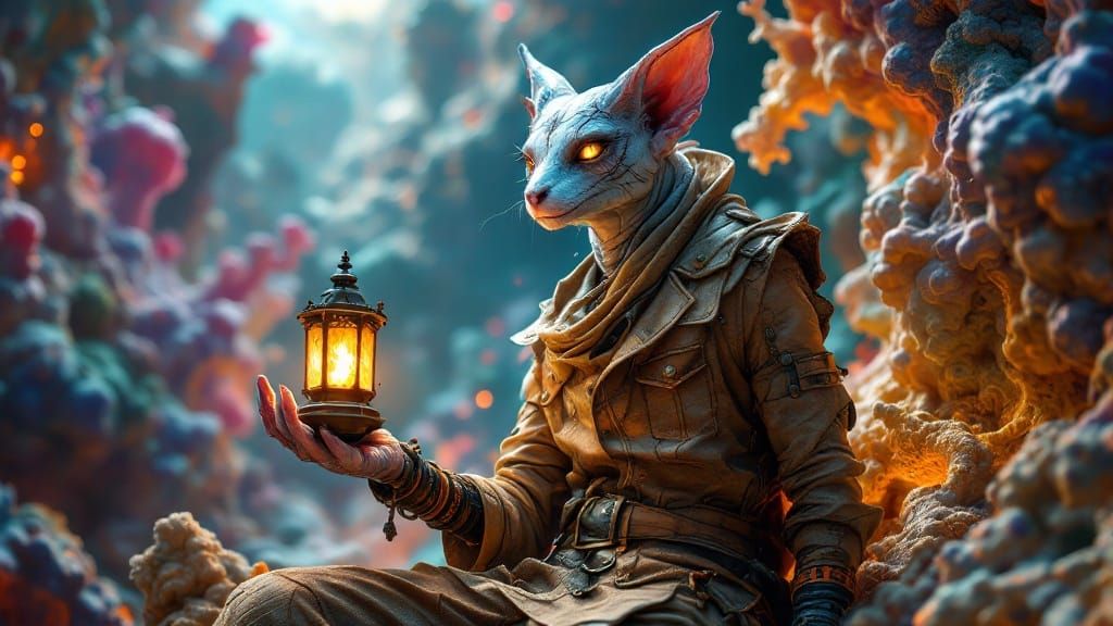 Enigmatic Hybrid Sphinx in Vibrant Bismuth Landscape