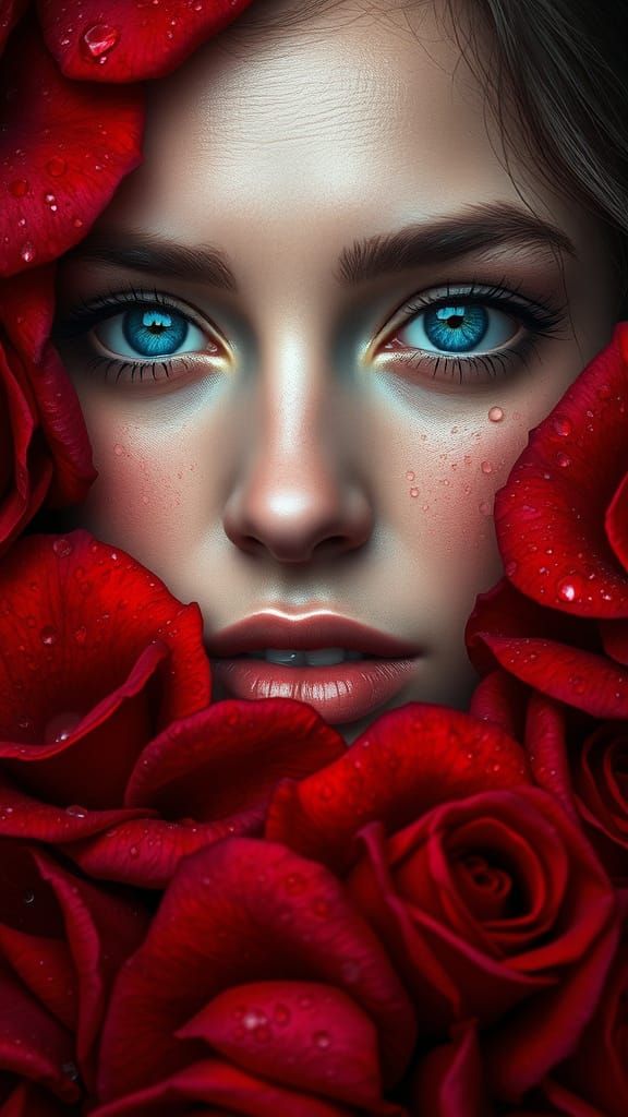 Hyper-Realistic Portrait of a Woman in Rose Petals