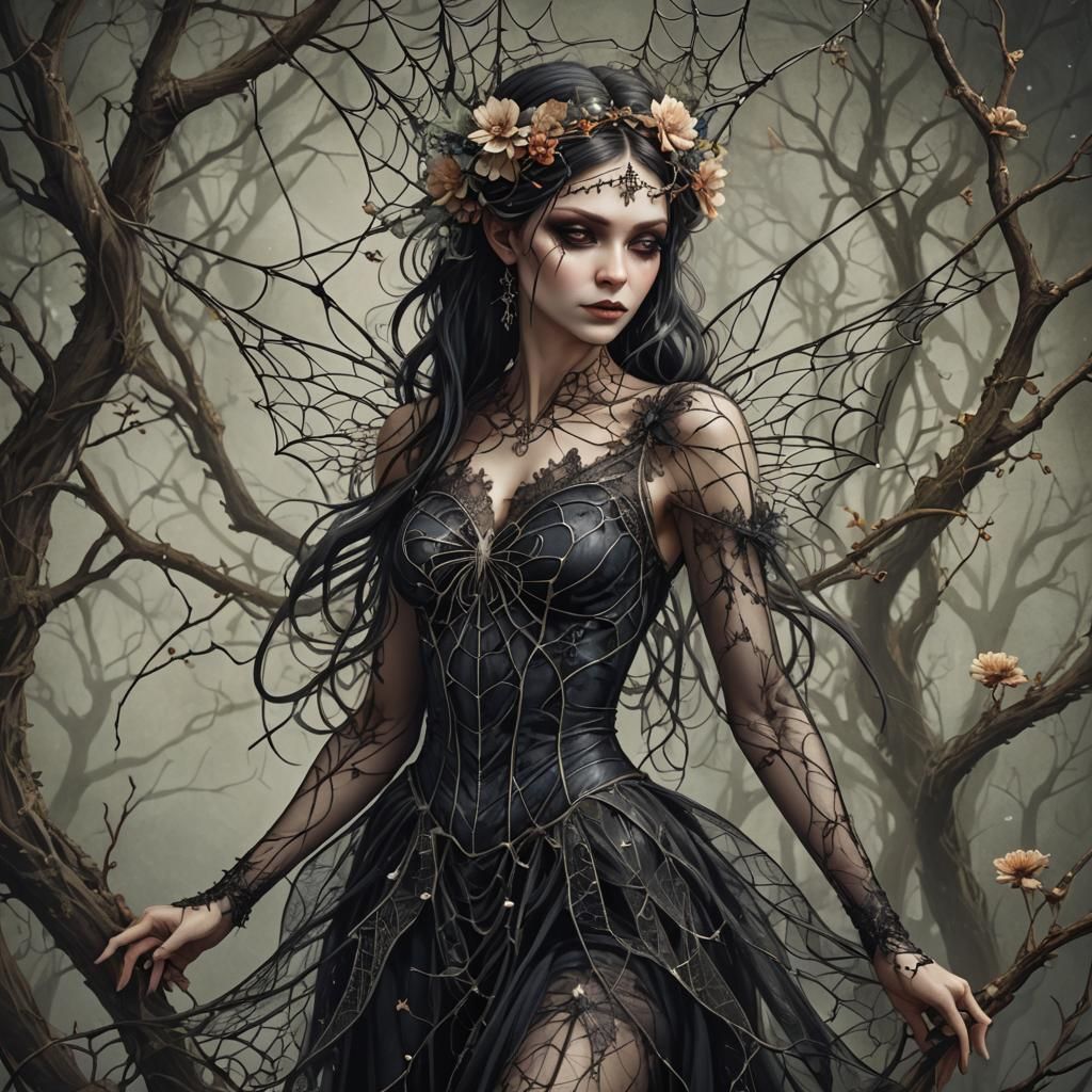Gothic Fairy in Spiderweb Dress, Dark Fantasy Illustration