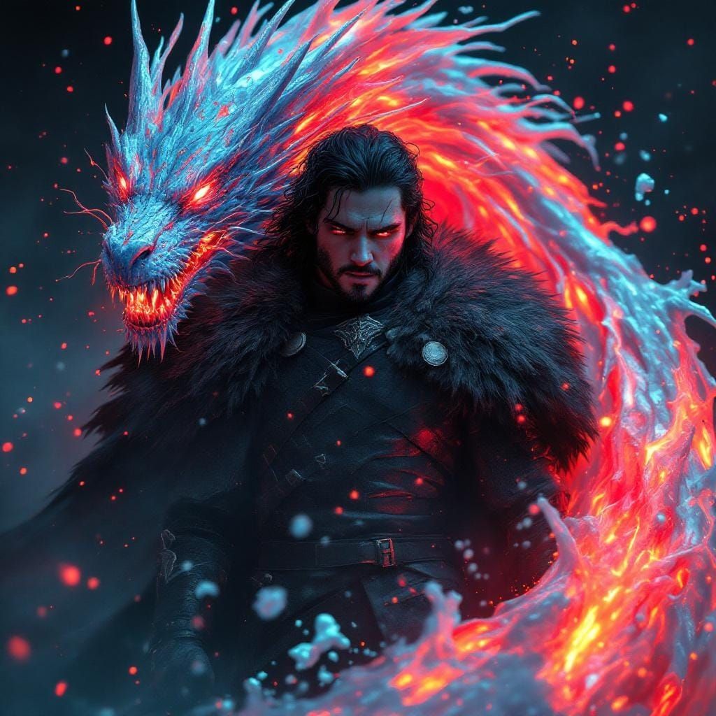 Jon Snow and Ice Dragon in Synthwave Style