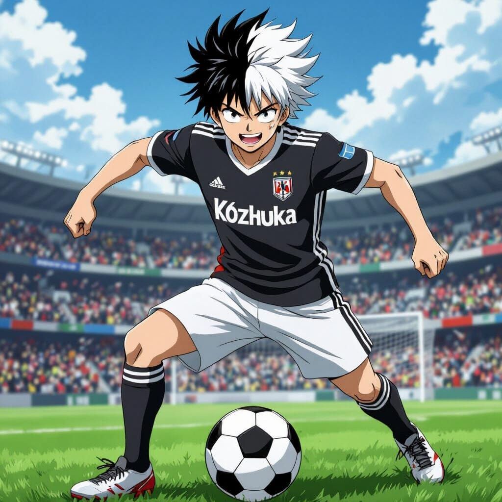 Anime Soccer Player with Black and White Hair