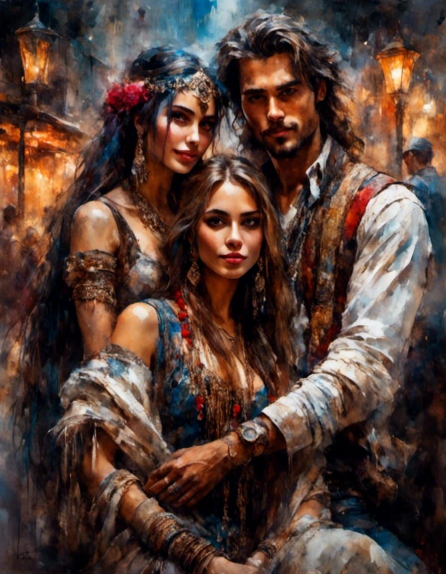 Harmonious Throuple Portrait in Gouache Style