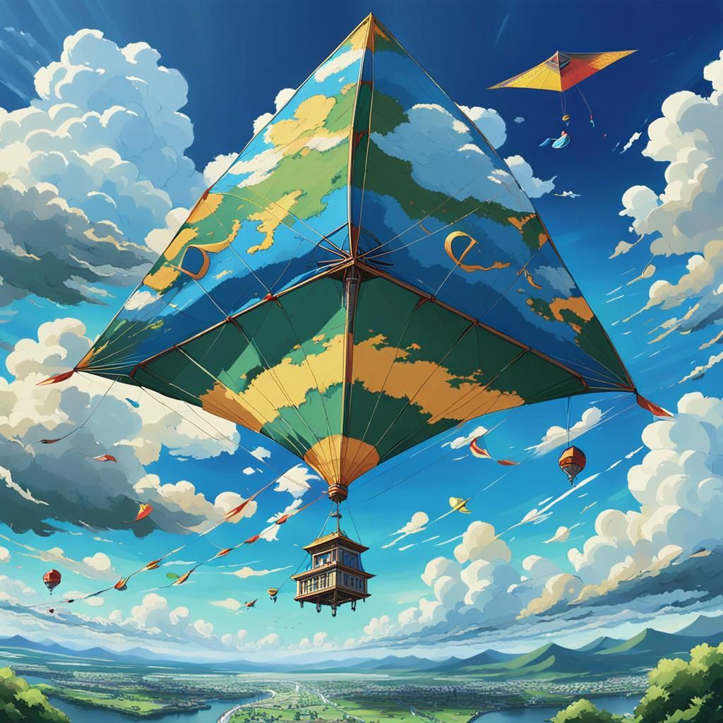 Cartoon Kite Soaring: Oil Painting in Anime Style