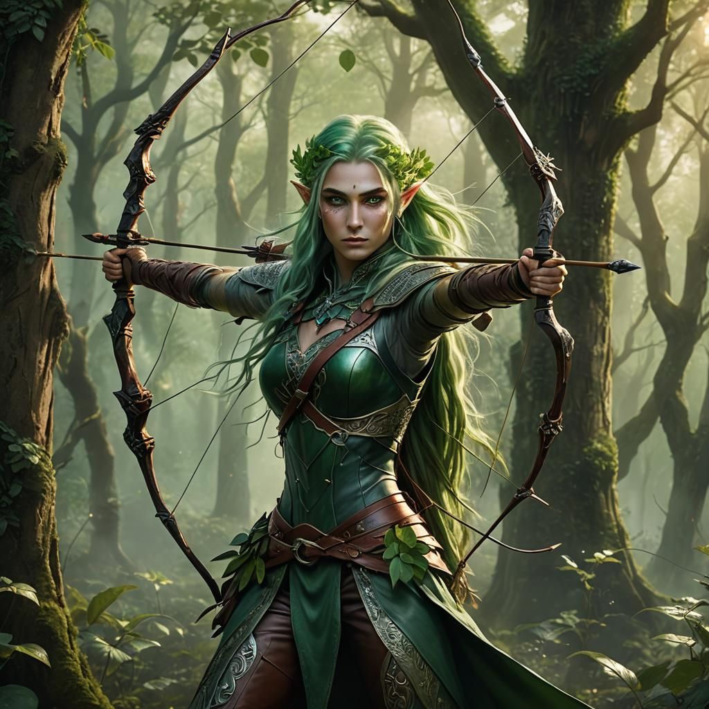Elven Archer in Mystical Forest, Fantasy Art
