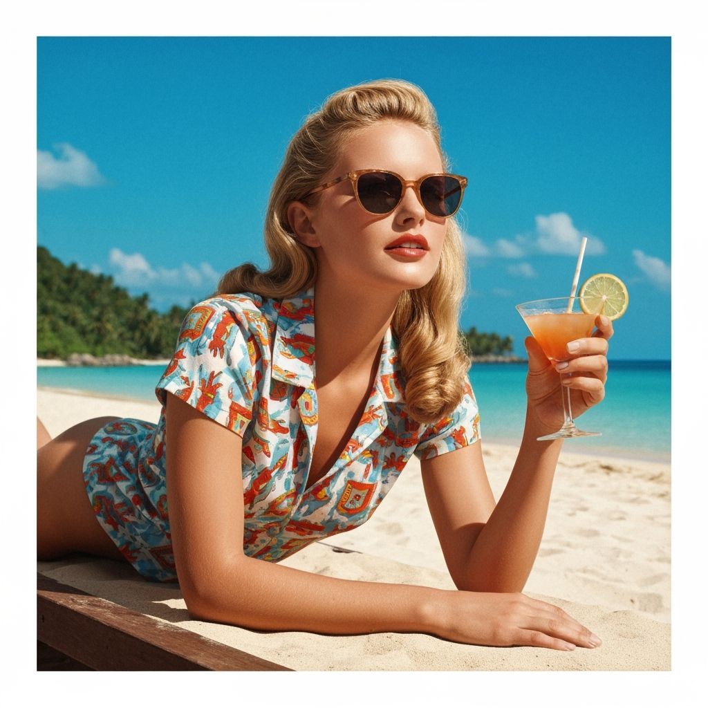 Woman on Tropical Beach in 1950s Hyperrealism Style