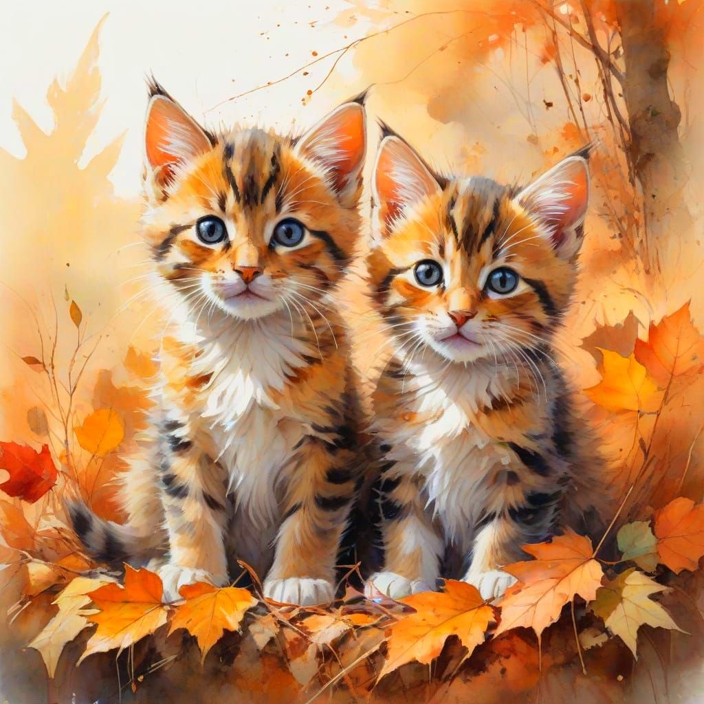 Cozy Autumn Kittens in Whimsical Watercolour