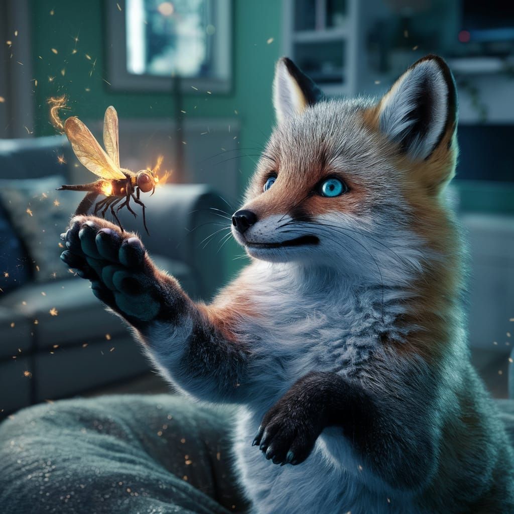 Fox Captivated by Firefly in Hyper-Realistic Digital Art