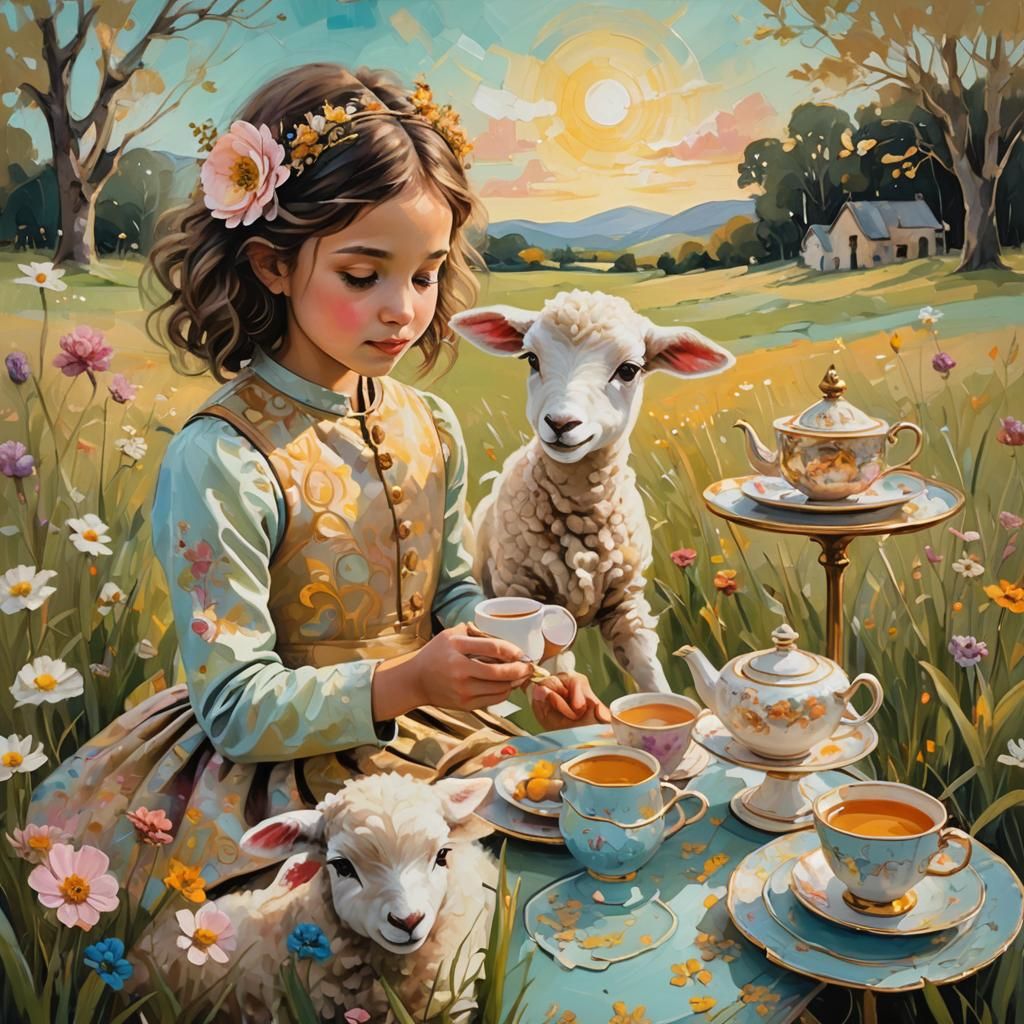 Whimsical Tea Party in Grassy Field: Abstract Art