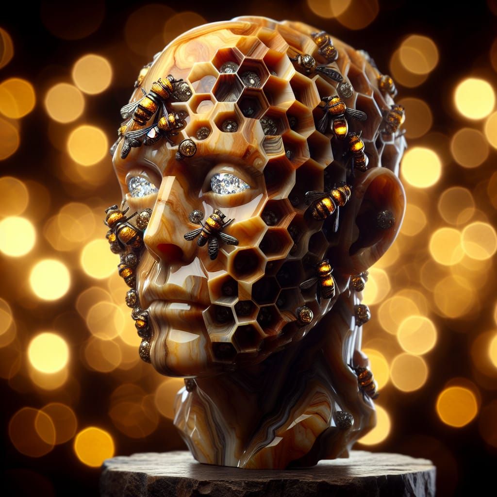 Bumblebee Jasper Head Sculpture with Moissanite Eyes