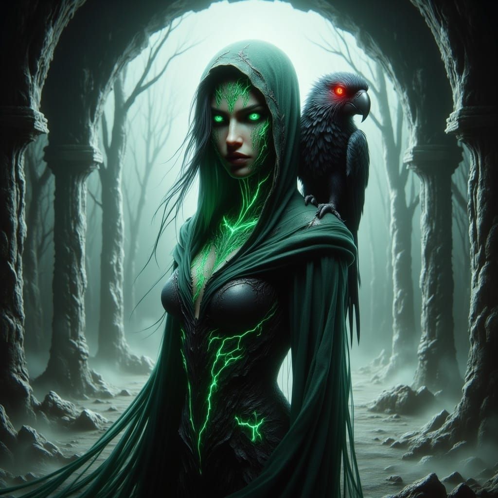 Ominous Elf Witch with Parrot Under Bleached Arch