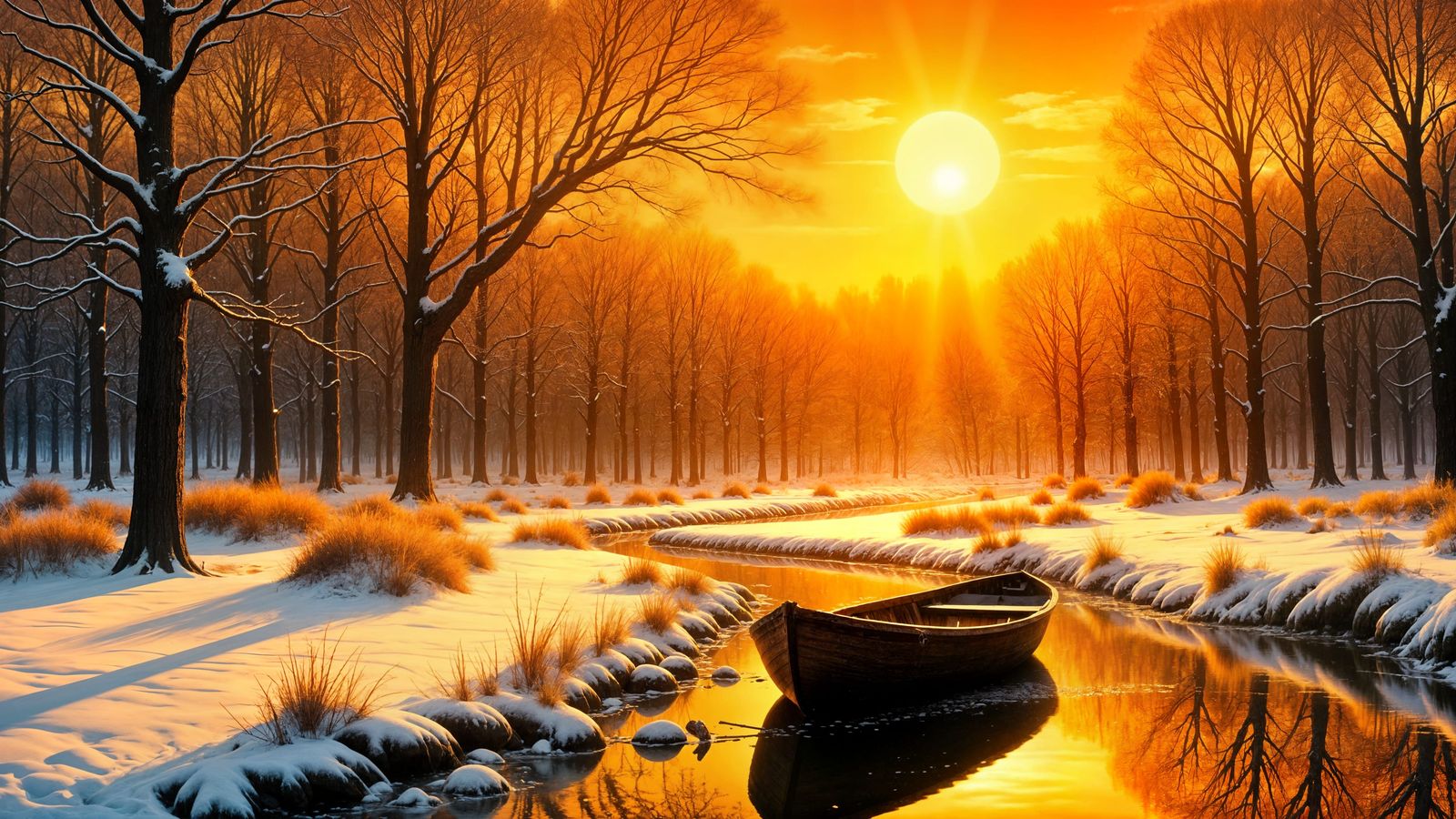 Dreamlike Winter Forest Scene with Glowing Sun