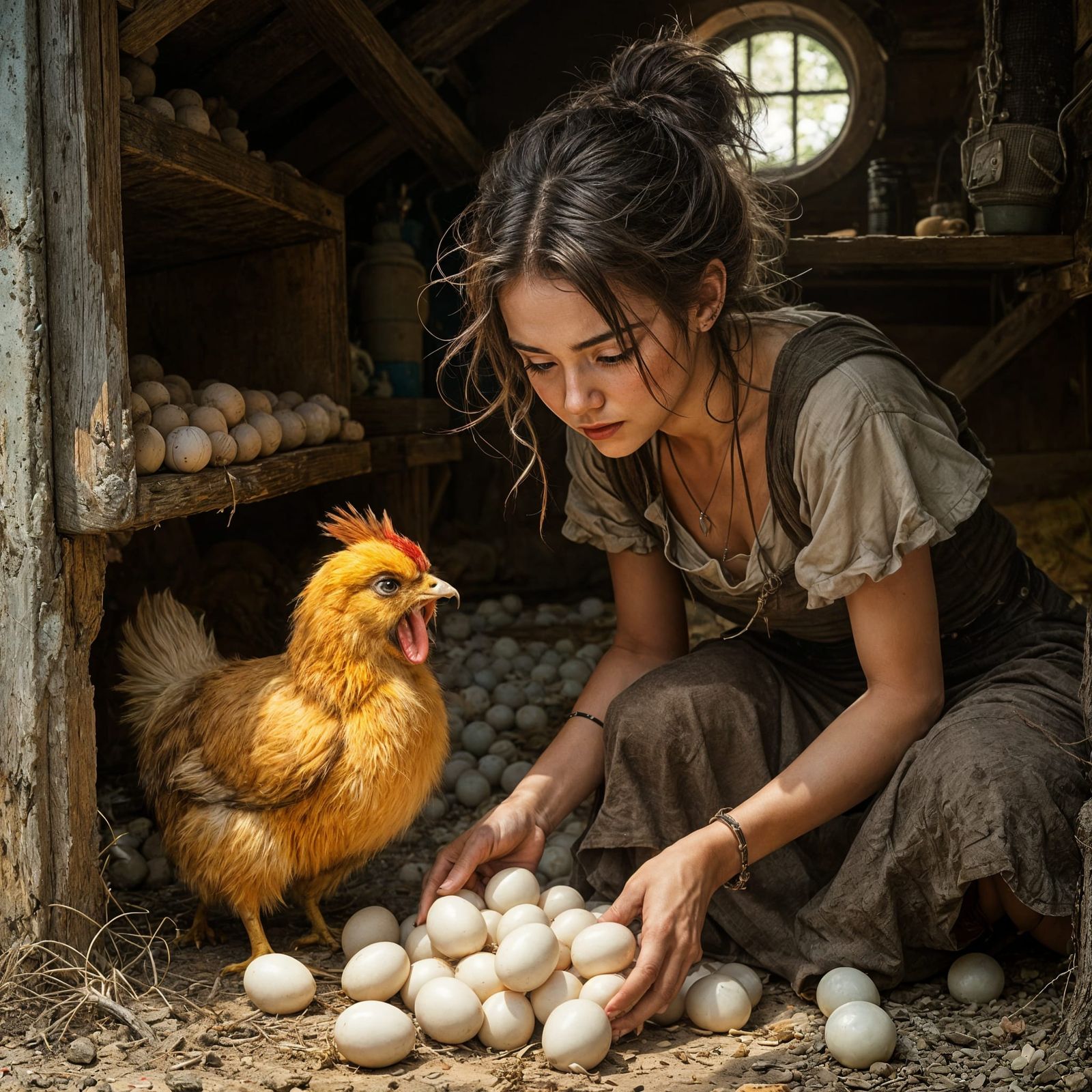 Fantasy Wench Collecting Eggs in Chicken House