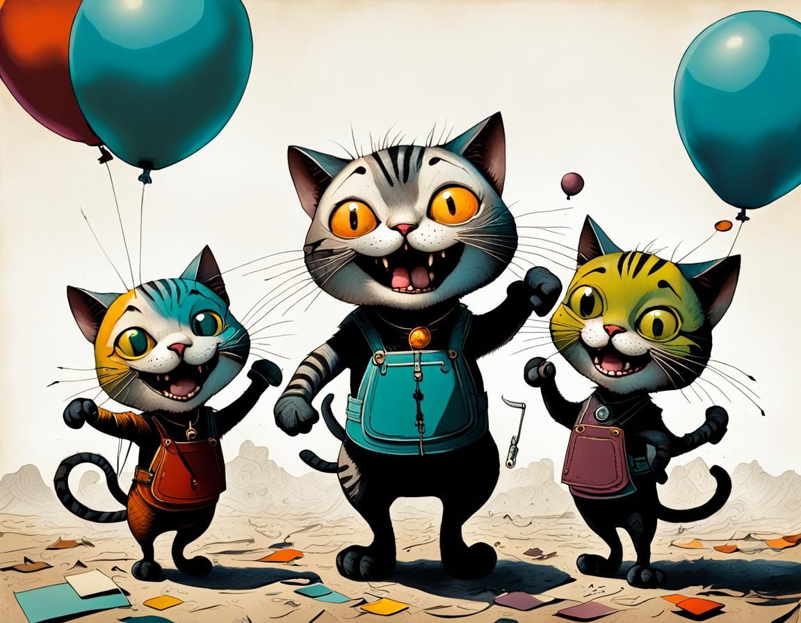 Happy Chibi Cat Trio Laughing: Art Brut Style