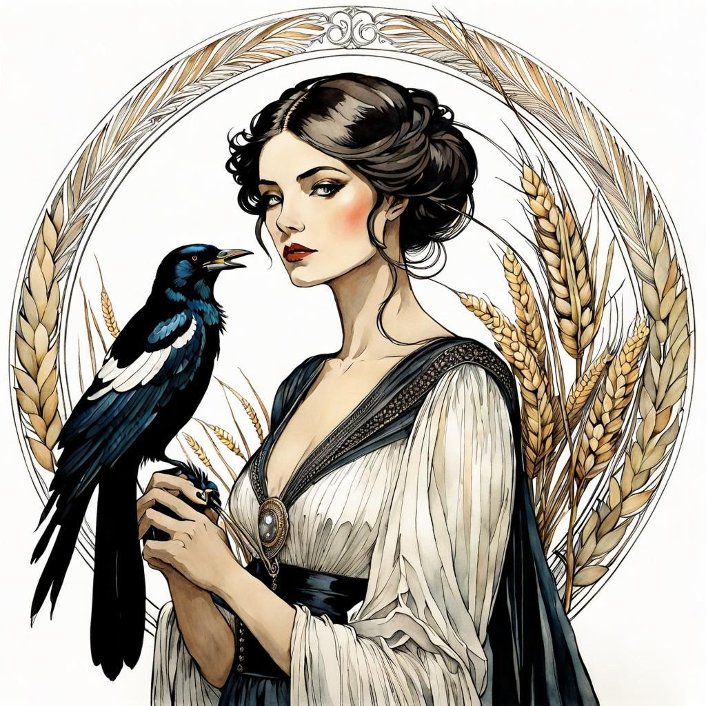 Magpie Messenger in Art Nouveau Watercolor