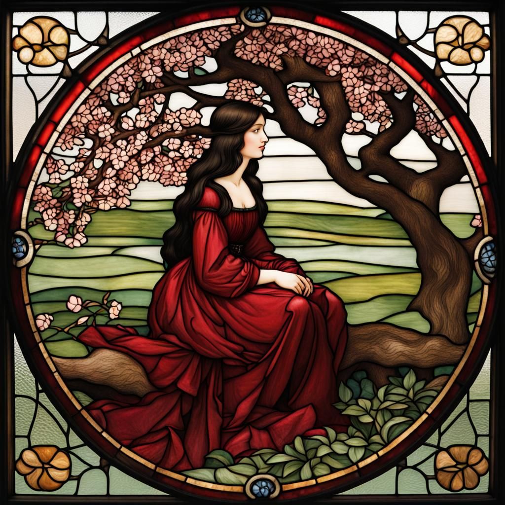 Lady Under Sakura Tree in Stained Glass Style