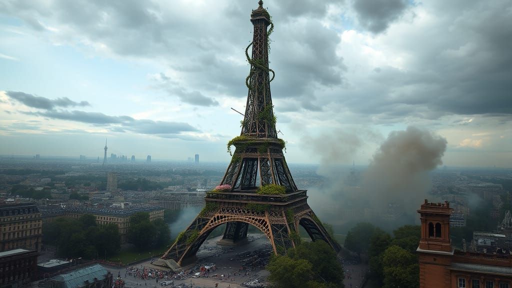 Eiffel Tower Reimagined as Living Flora in Dystopian Paris