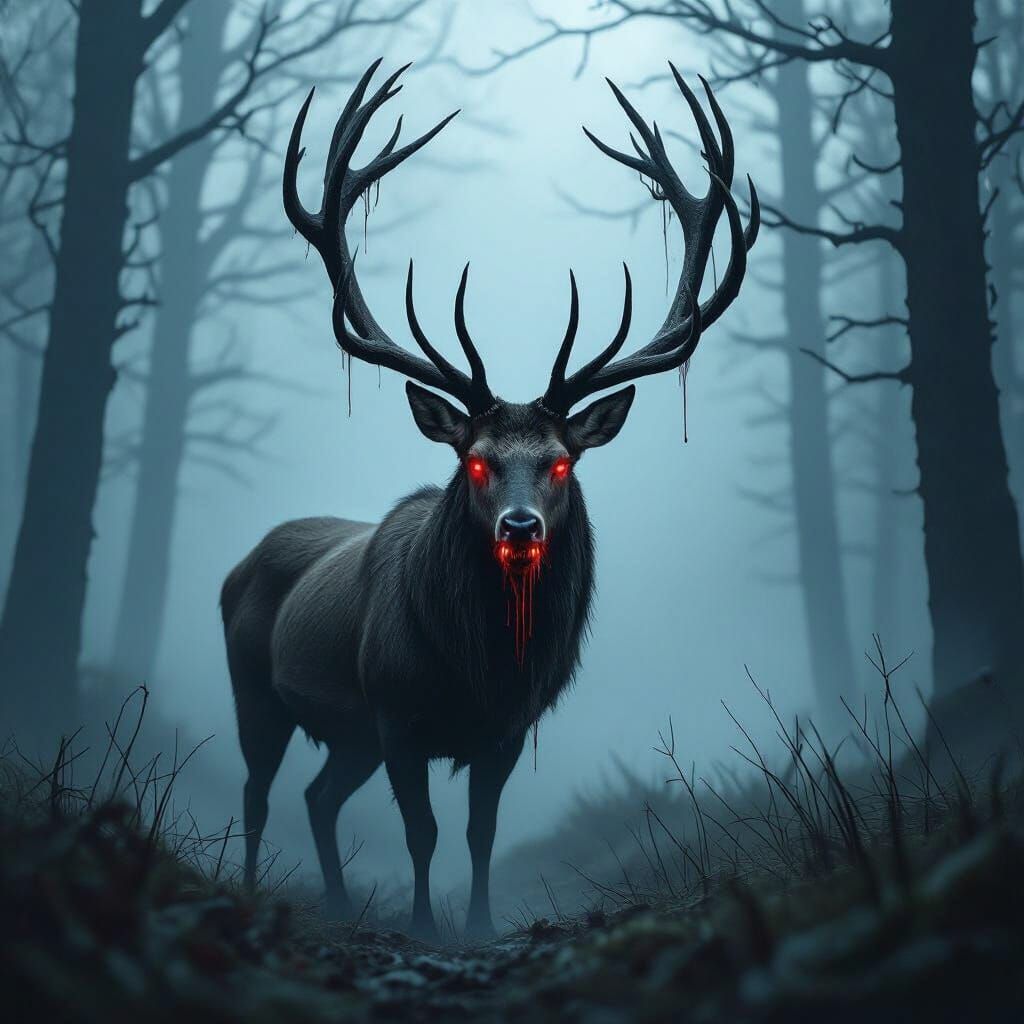 Gothic Stag in Foggy Forest at Night