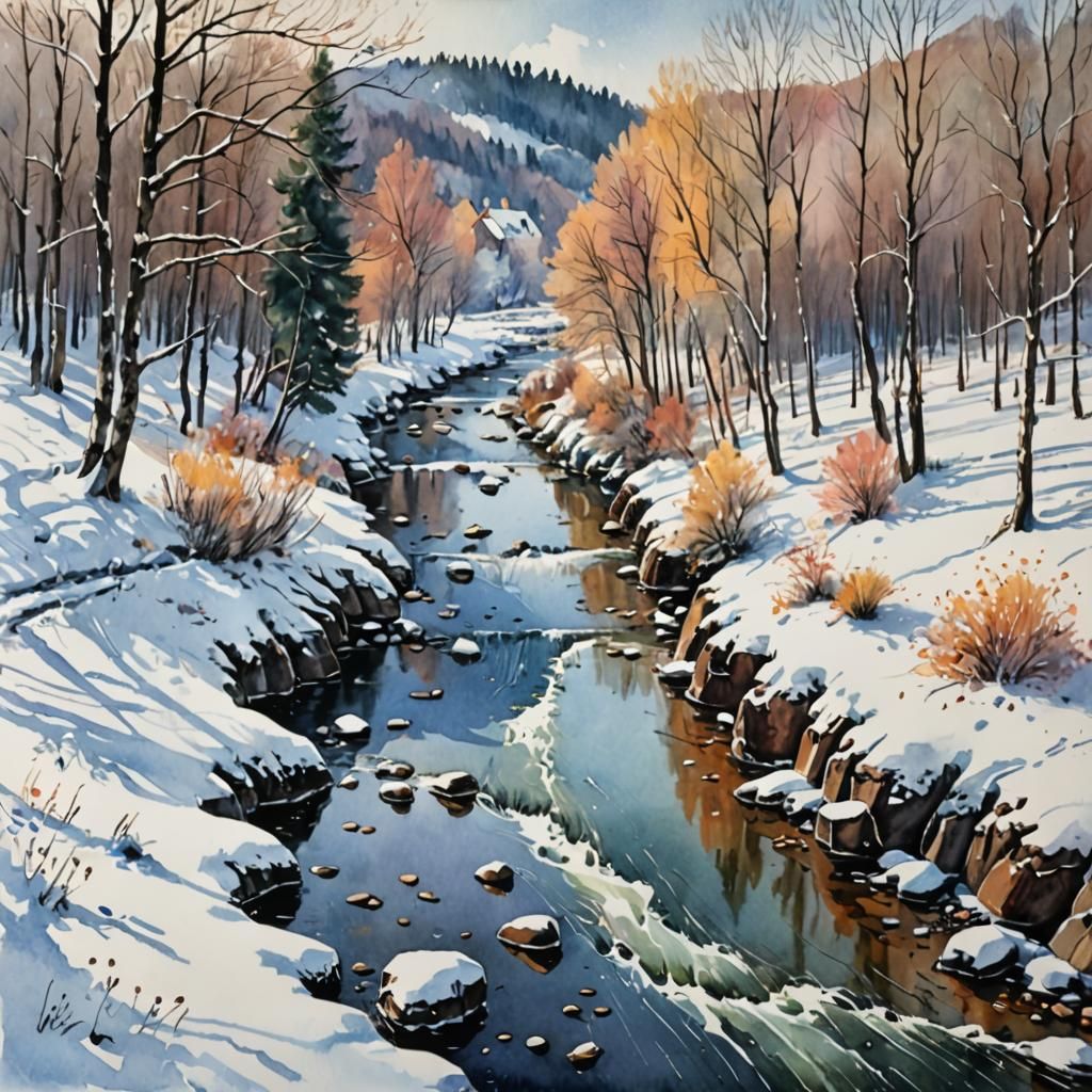 Frozen River: Watercolor Siberian Winter Landscape