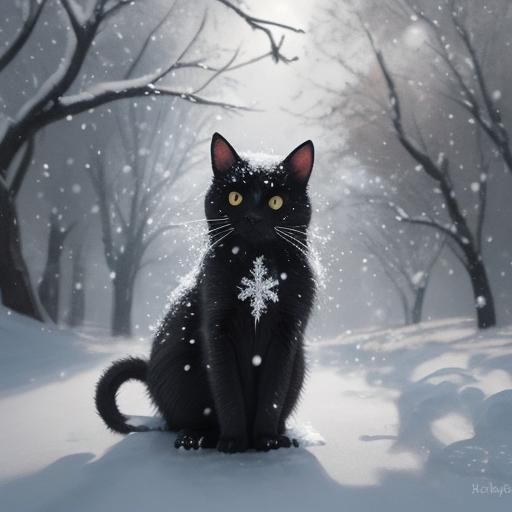 Black Cat Playing in Fresh Snow