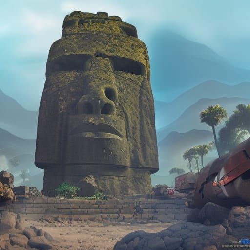 Moai Statue Destroys Bank in Comic Book Style