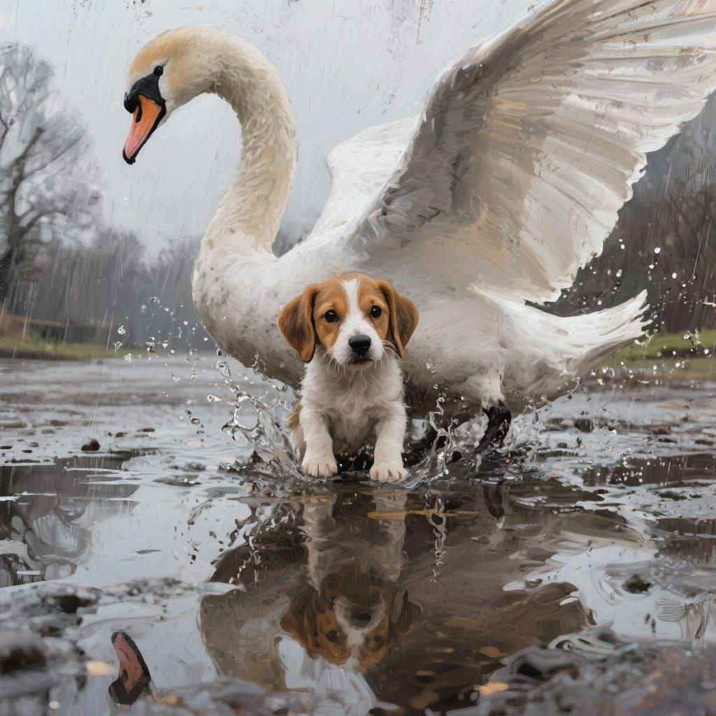 Cute Puppy Shelters Under Swan Wing Amidst Rain