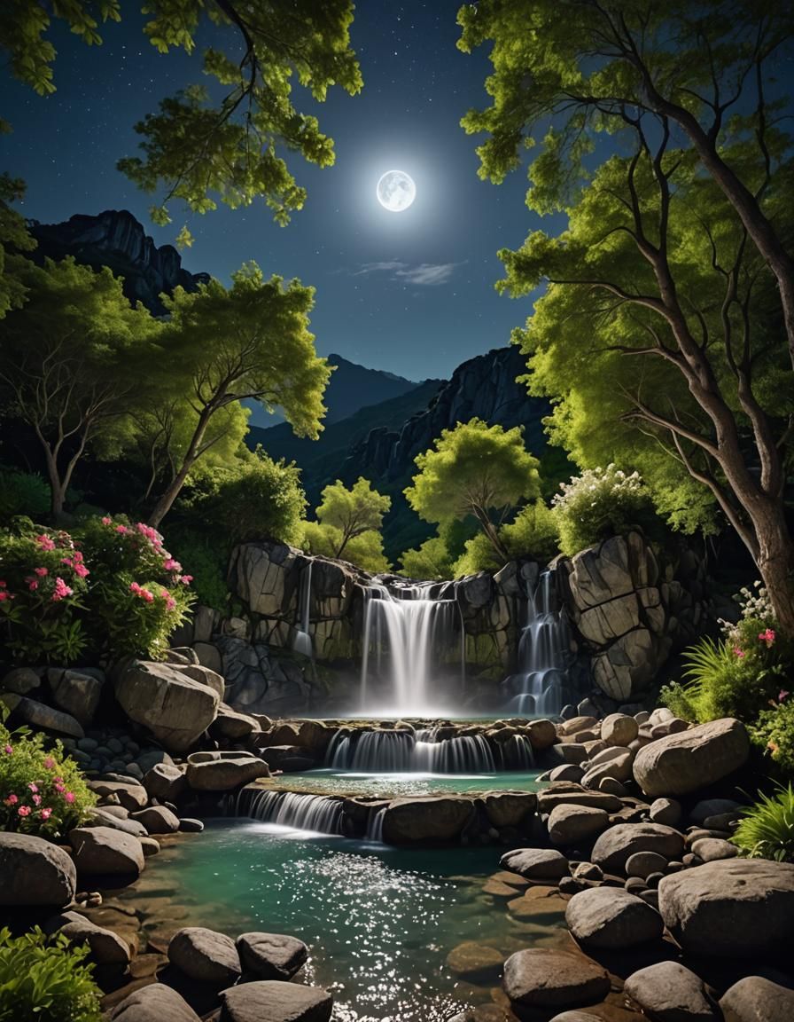 Ethereal Mountain Fountain Under Moonlight in 8k HDR