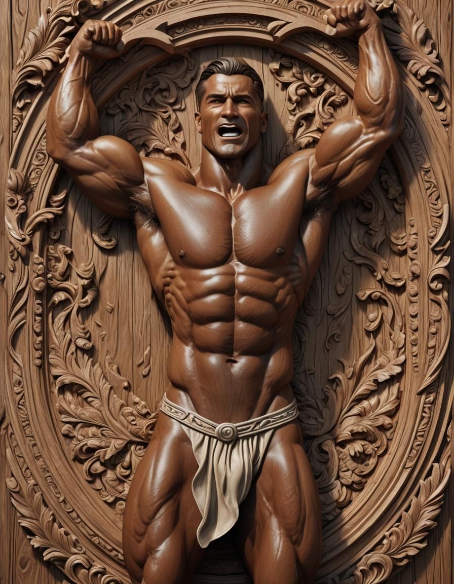 Hyperrealistic Wood Carving of Muscular Man