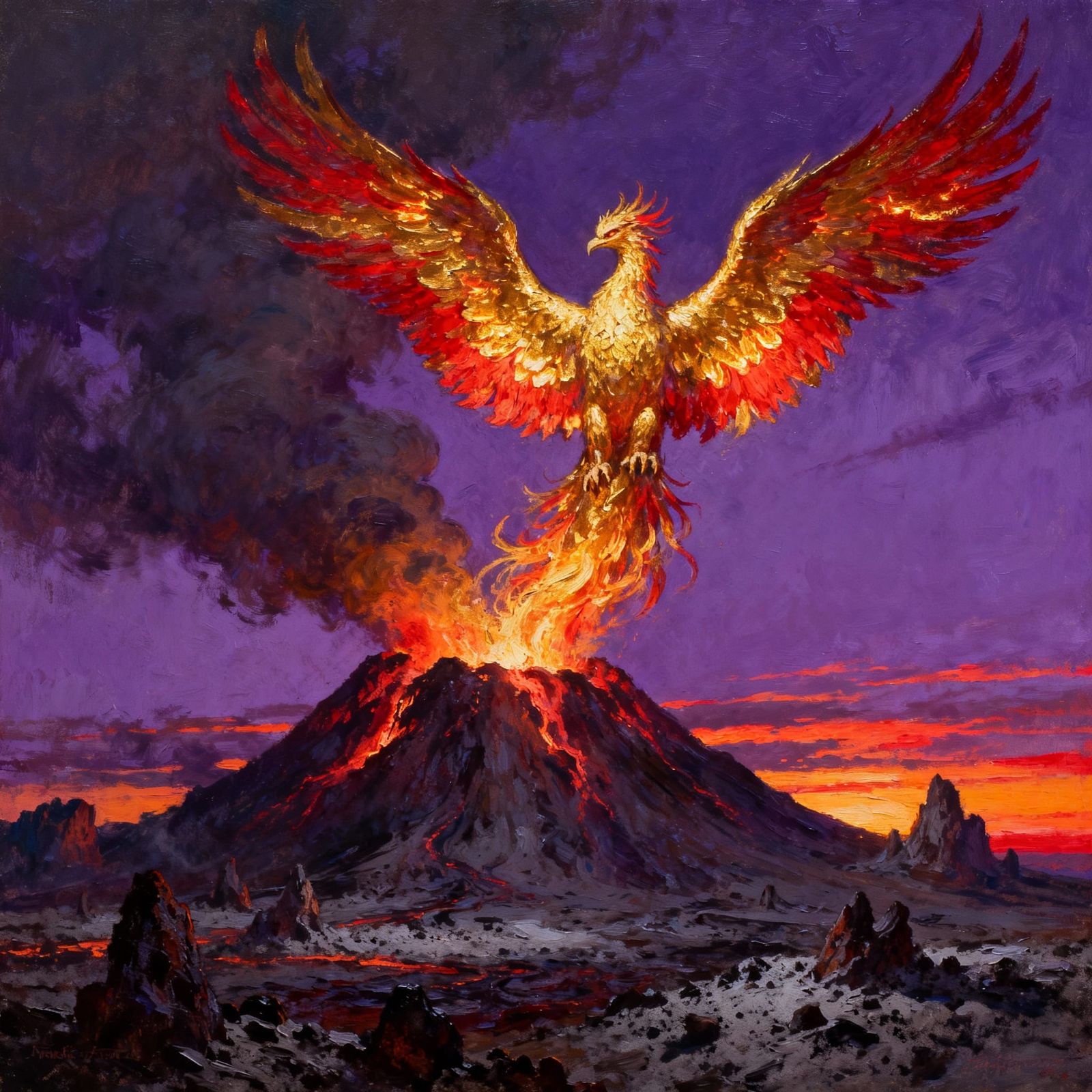 Majestic Phoenix Rises From Volcano in Epic Fantasy Art