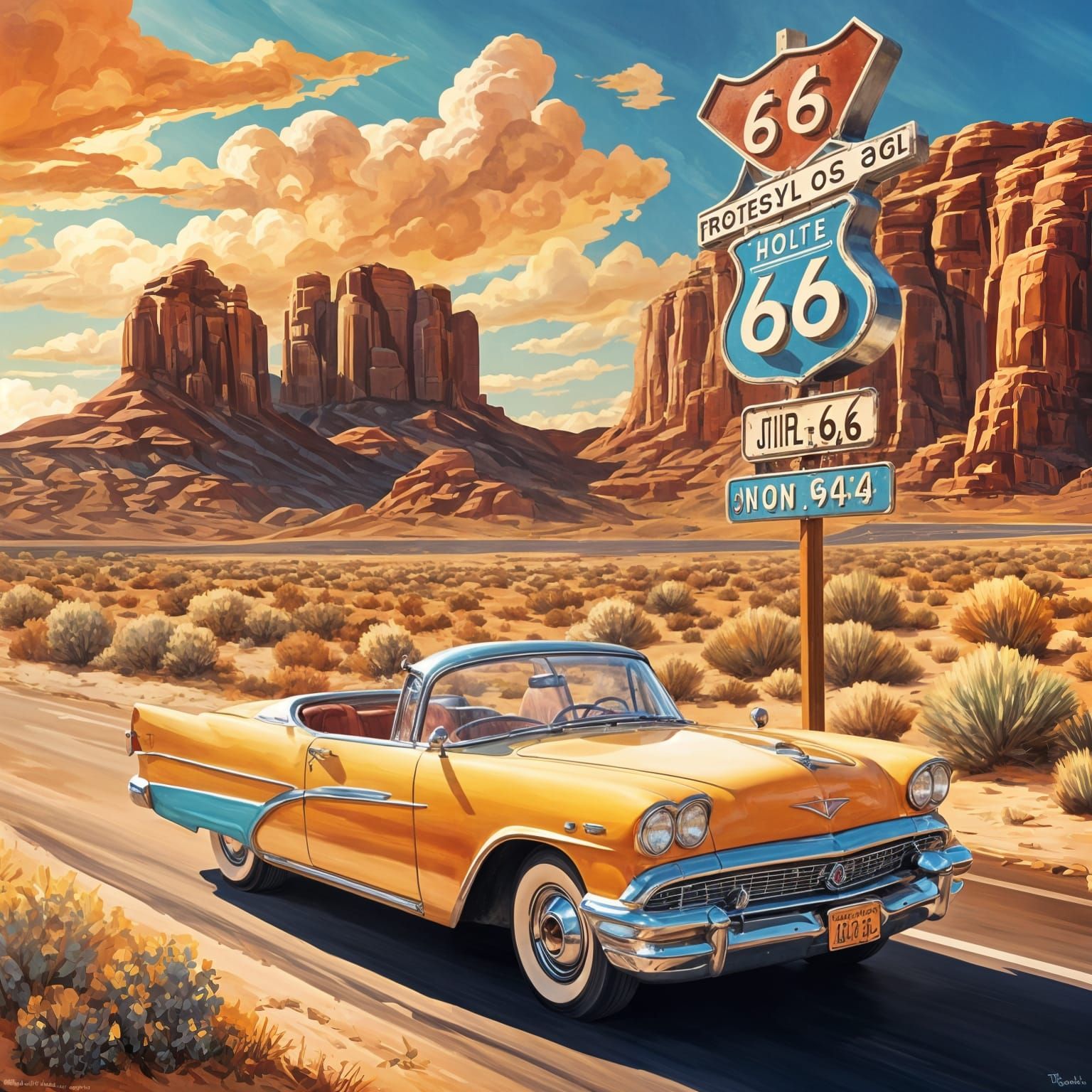 Route 66 Retro Travel Poster in Splash Art Style