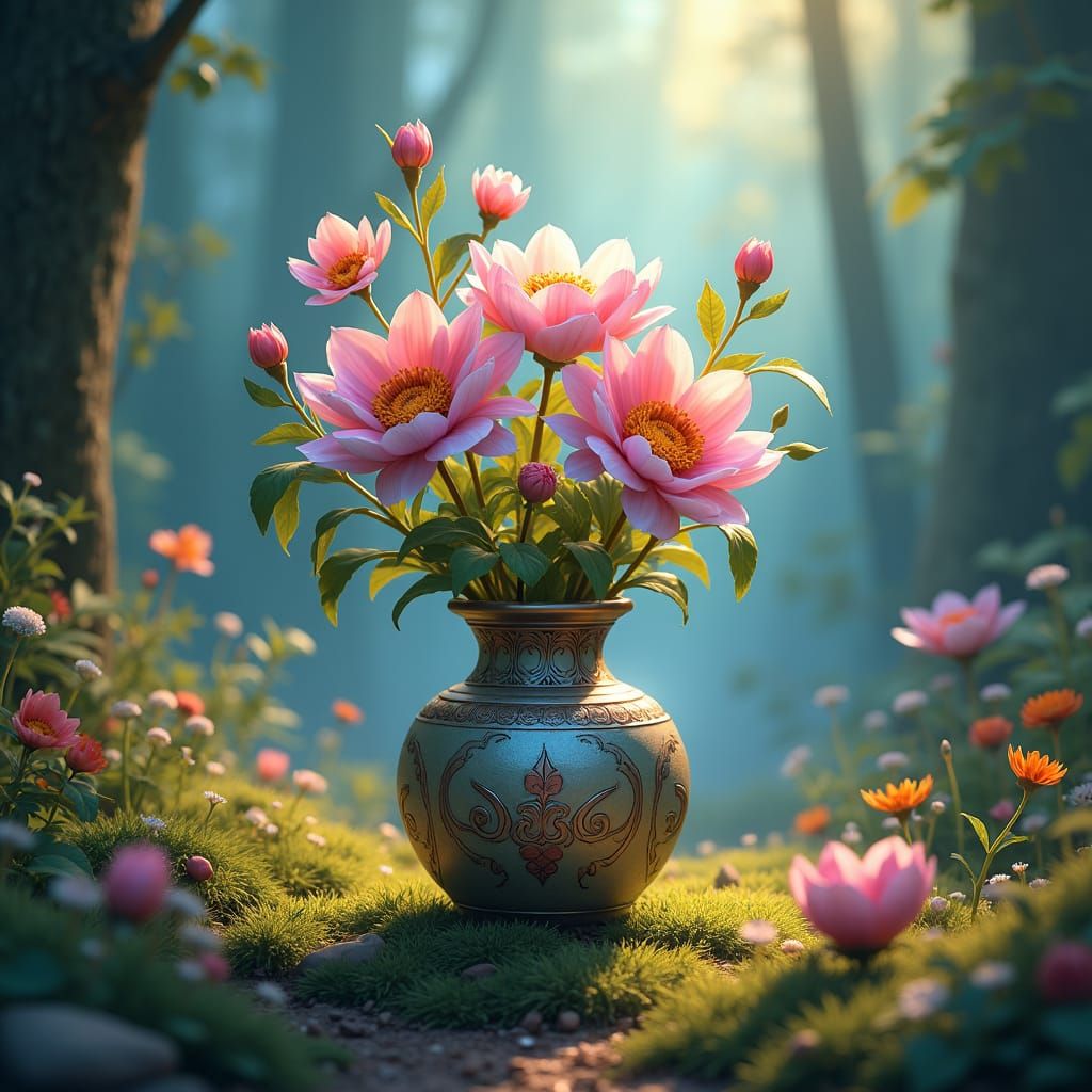 Mystical Flowers Bloom in Ornate Jar