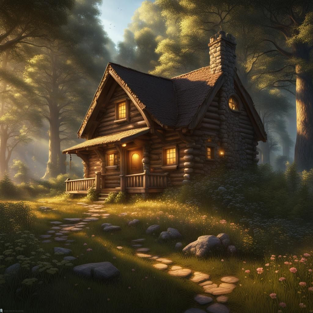 Cabin in Forest Meadow in Kinkade Style