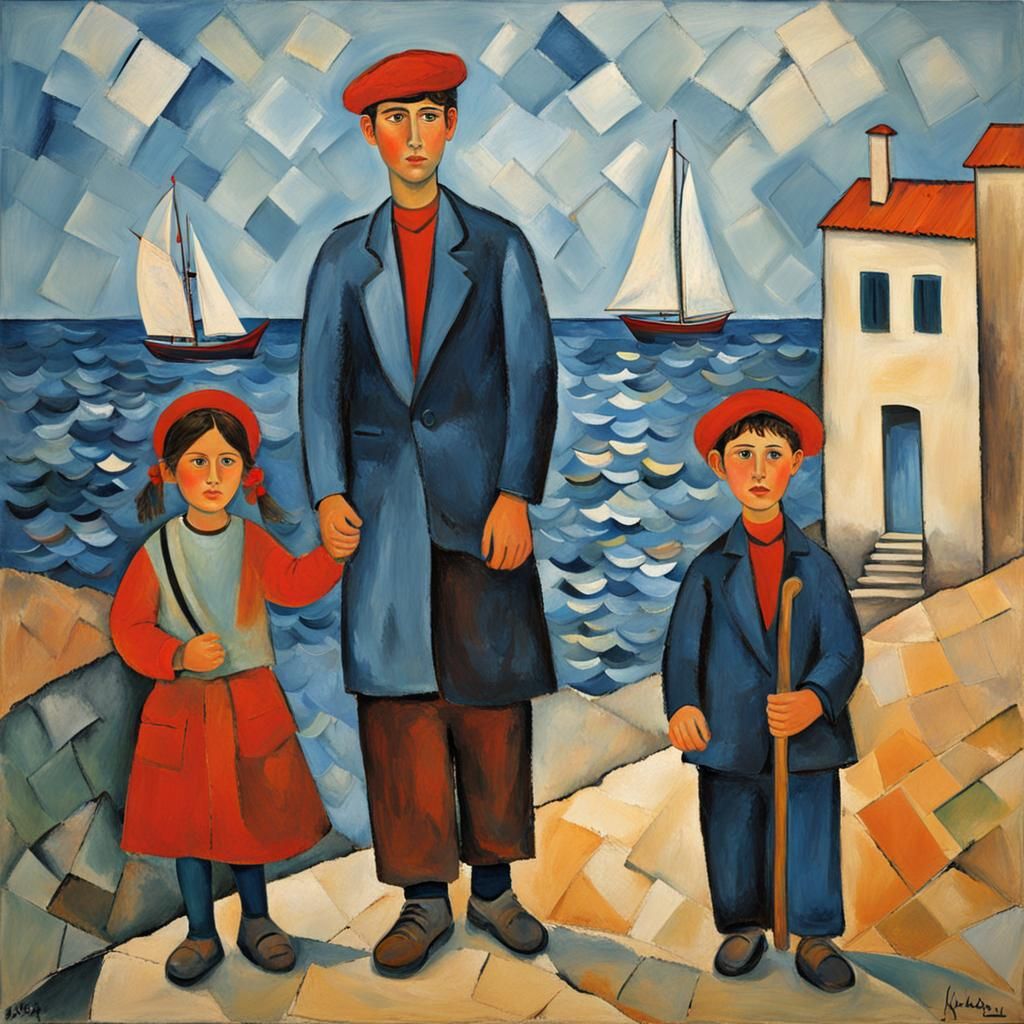 Blind Girl Guiding in Cubist Style