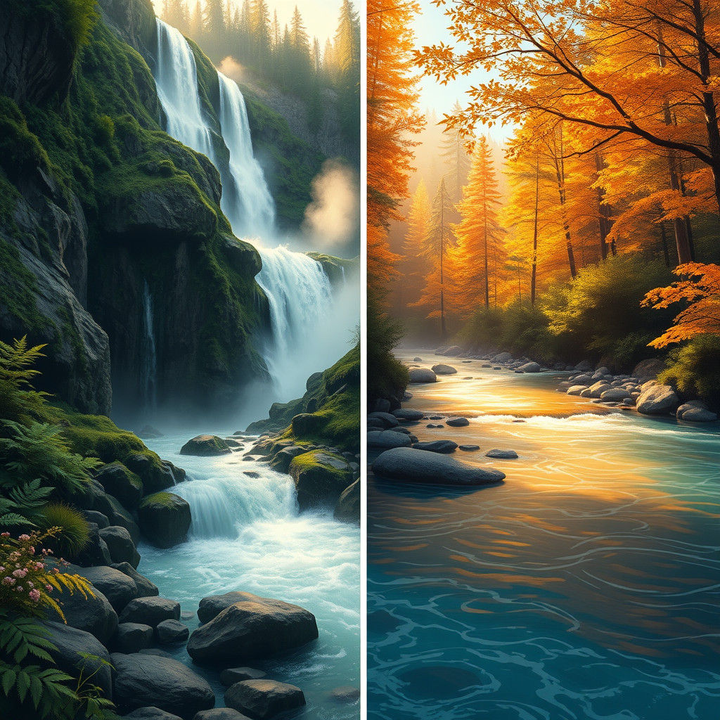 Majestic Waterfall in Emerald Forest: Botanical Illustration