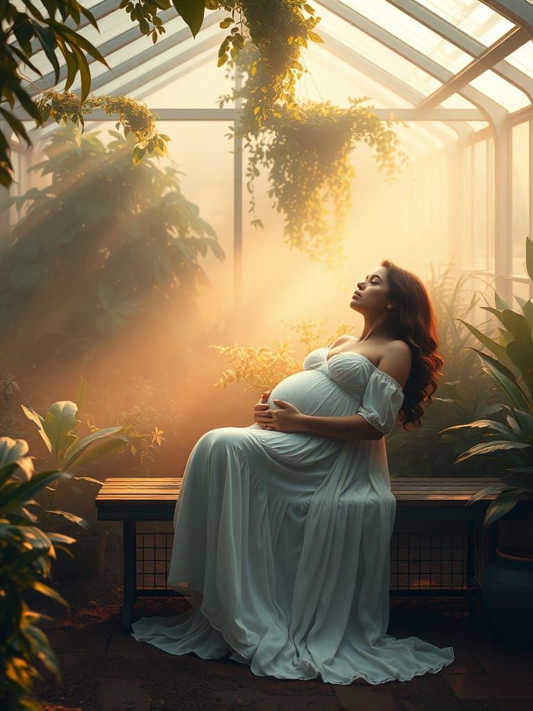 Pregnant Woman in Greenhouse: Hyperrealistic Eerie Serenity