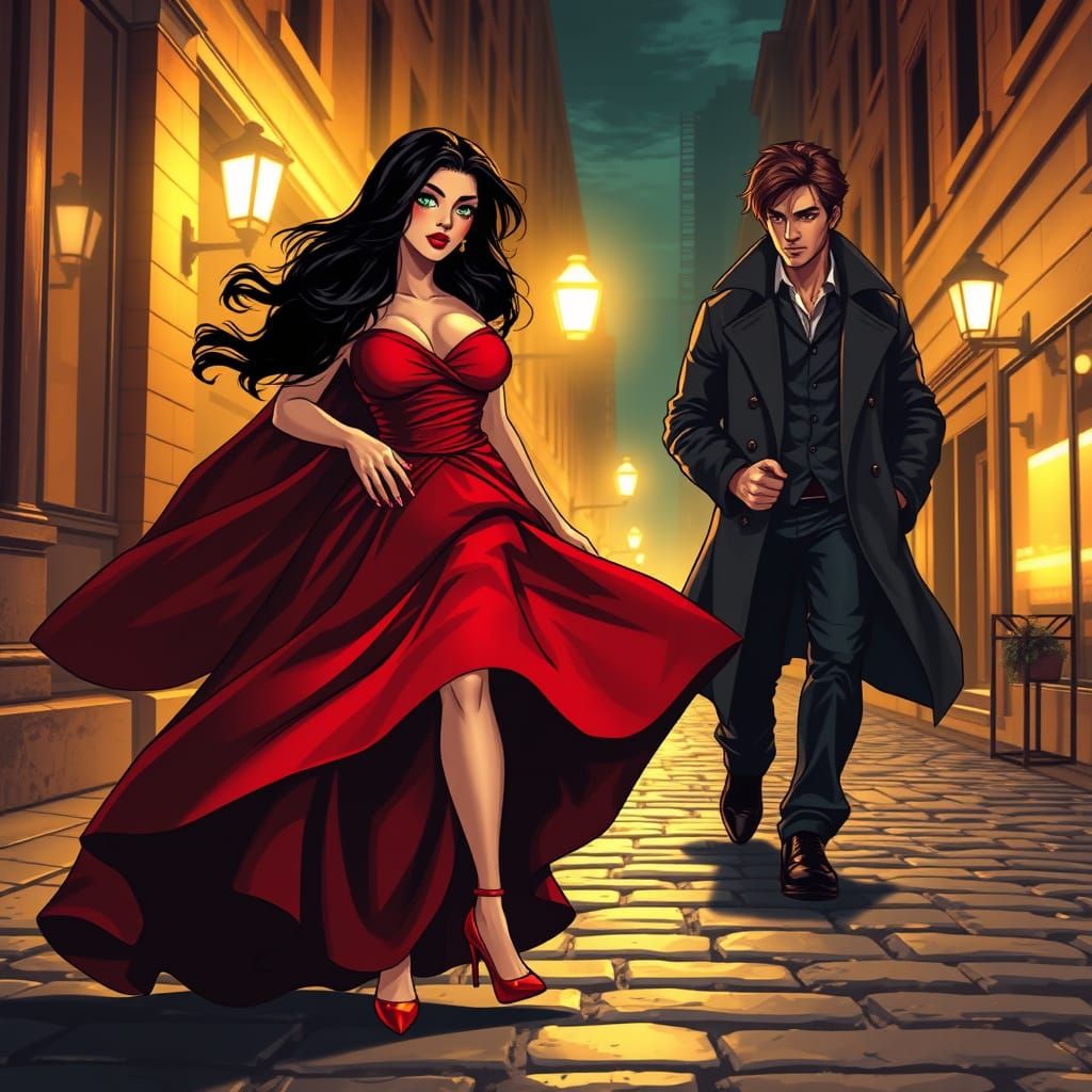 Elegant Duo Strolls Through City Night, Inspired by Comic Bo...