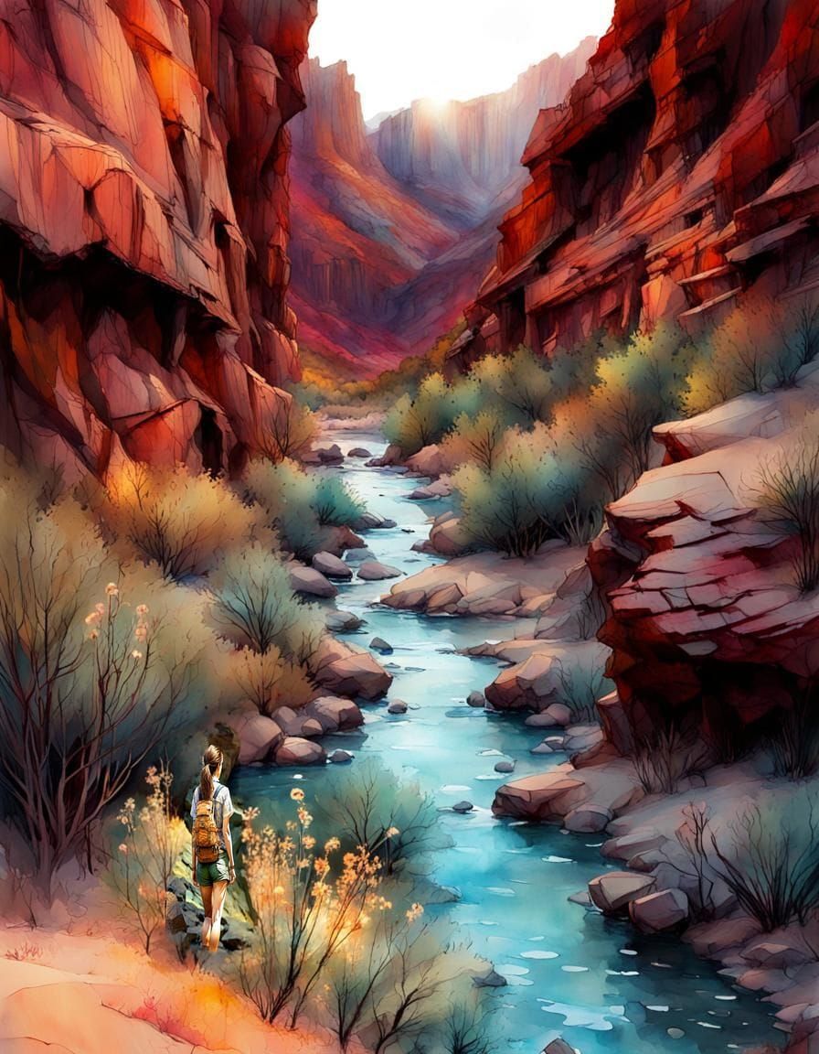 Geologist in Canyon, Digital Watercolor Art