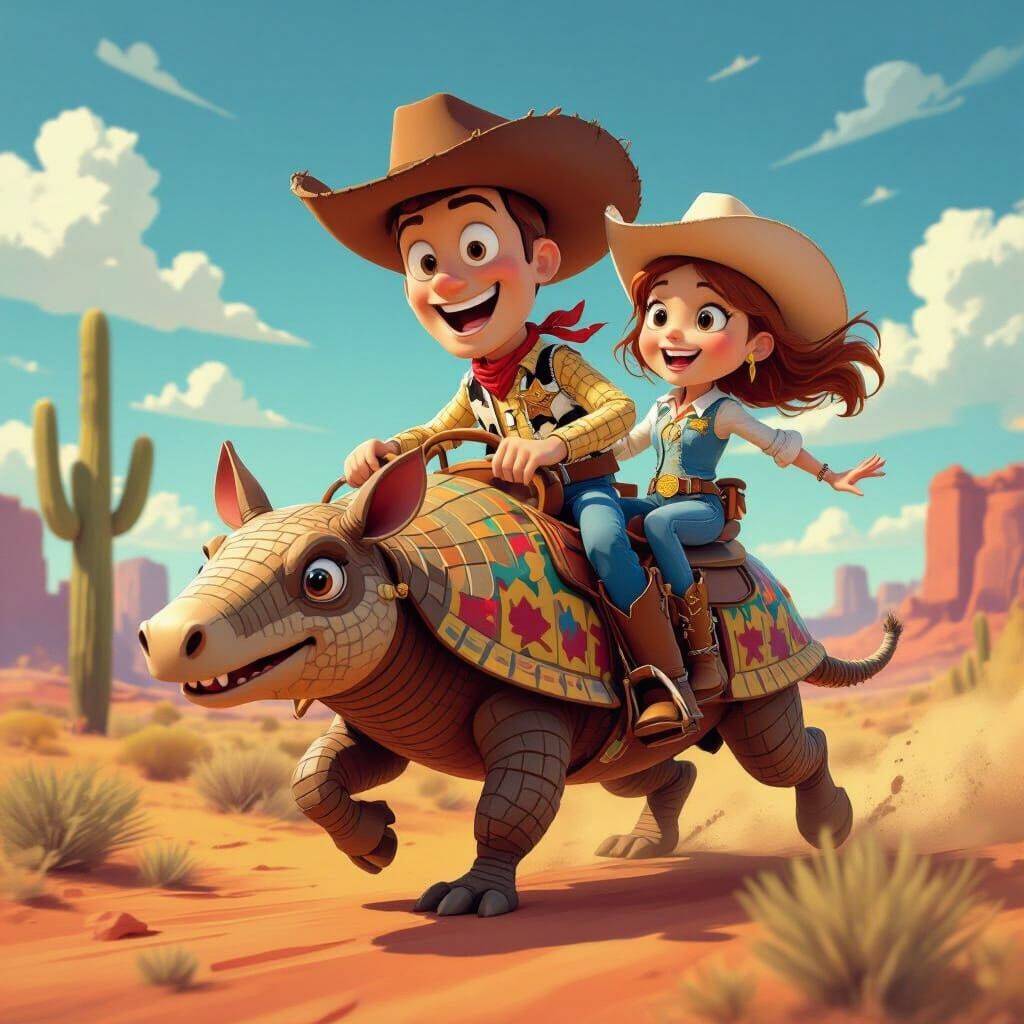 Cartoon Cowboys Ride Armadillo Through Stylized Desert in An...