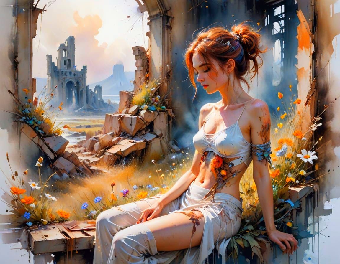 Cyborg Meditating Amidst Blooming Wildflowers